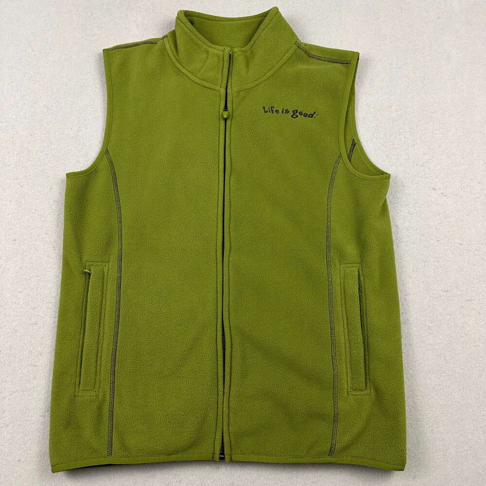 Life Is Good Fleece Vest Men Medium Green Full Zip Sleeveless Jacket Pockets M